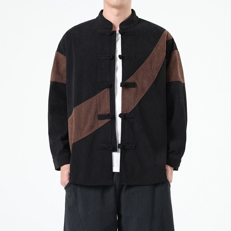 Buddha Stones Chaqueta de hombre de pana con botones de rana y estampado geométrico, estilo casual de otoño/invierno. - image 1