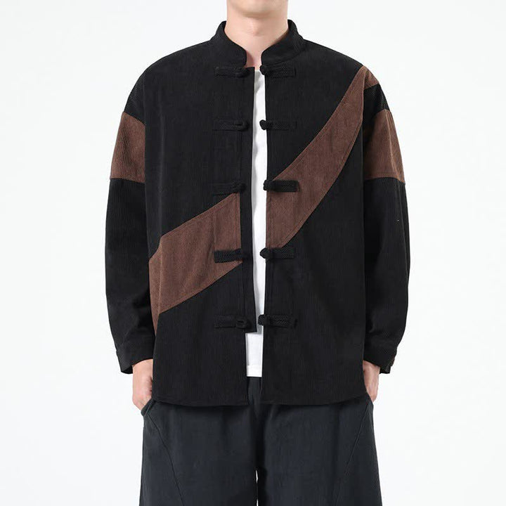 Buddha Stones Chaqueta de hombre de pana con botones de rana y estampado geométrico, estilo casual de otoño/invierno. - image 1