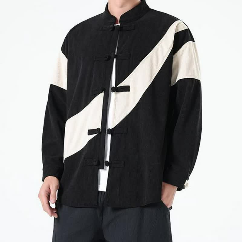 Buddha Stones Chaqueta de hombre de pana con botones de rana y estampado geométrico, estilo casual de otoño/invierno. - image 14