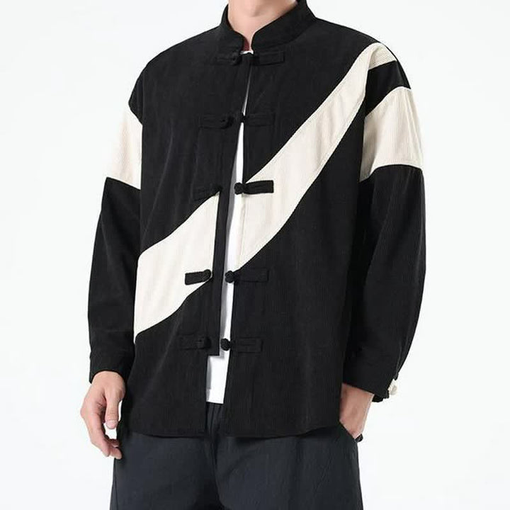 Buddha Stones Chaqueta de hombre de pana con botones de rana y estampado geométrico, estilo casual de otoño/invierno. - image 14