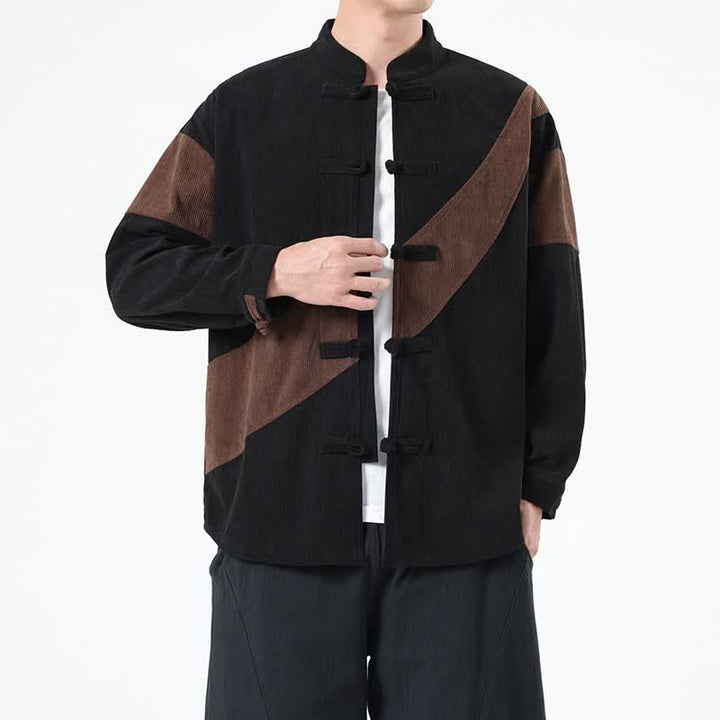 Buddha Stones Chaqueta de hombre de pana con botones de rana y estampado geométrico, estilo casual de otoño/invierno. - Marrón silla de montar - US/UK/AU46, EU56 (5XL) - image 0