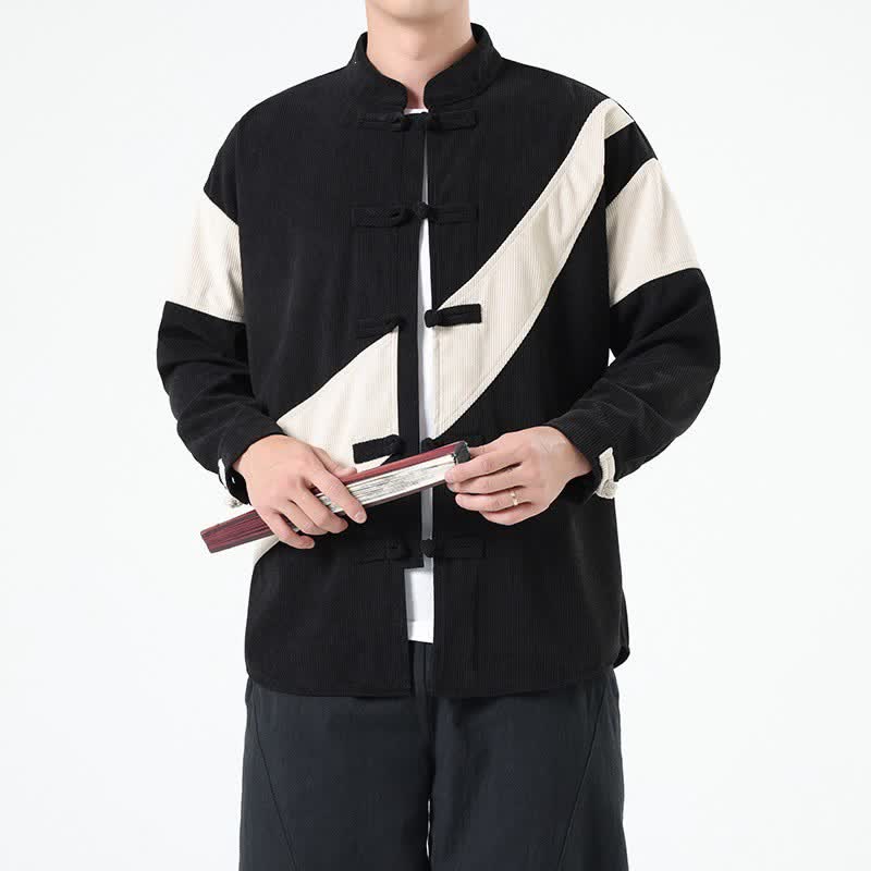Buddha Stones Chaqueta de hombre de pana con botones de rana y estampado geométrico, estilo casual de otoño/invierno. - image 15
