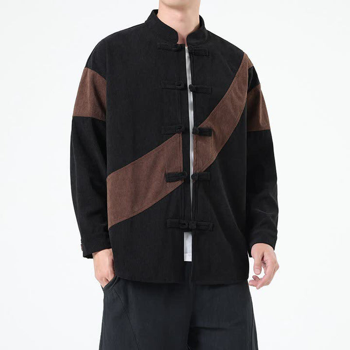 Buddha Stones Chaqueta de hombre de pana con botones de rana y estampado geométrico, estilo casual de otoño/invierno. - image 2