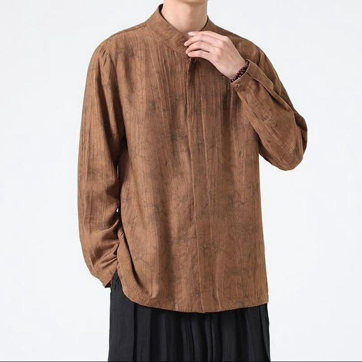 Buddha Stones Camisas de manga larga para hombre con cuello mandarín minimalista estilo Spring Tang y diseño abstracto. - image 7