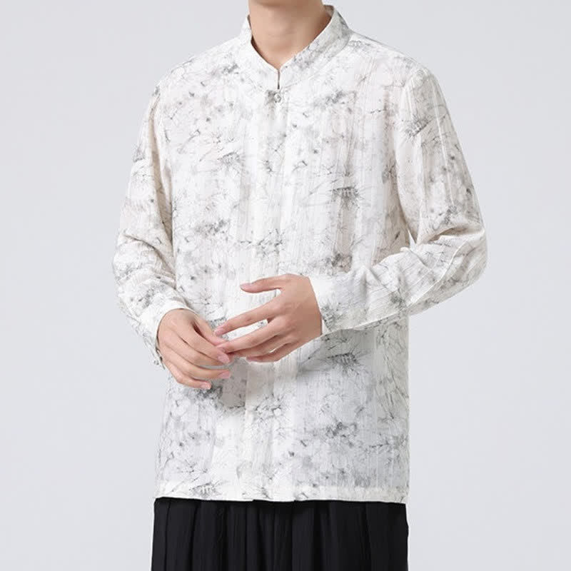 Buddha Stones Camisas de manga larga para hombre con cuello mandarín minimalista estilo Spring Tang y diseño abstracto. - image 1
