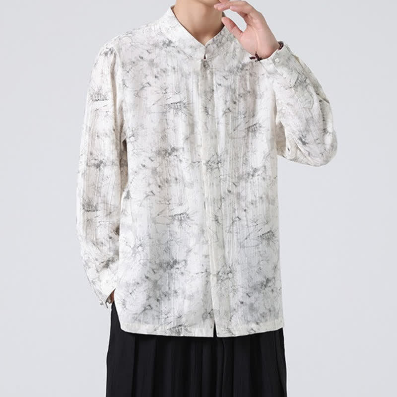 Buddha Stones Camisas de manga larga para hombre con cuello mandarín minimalista estilo Spring Tang y diseño abstracto. - image 3