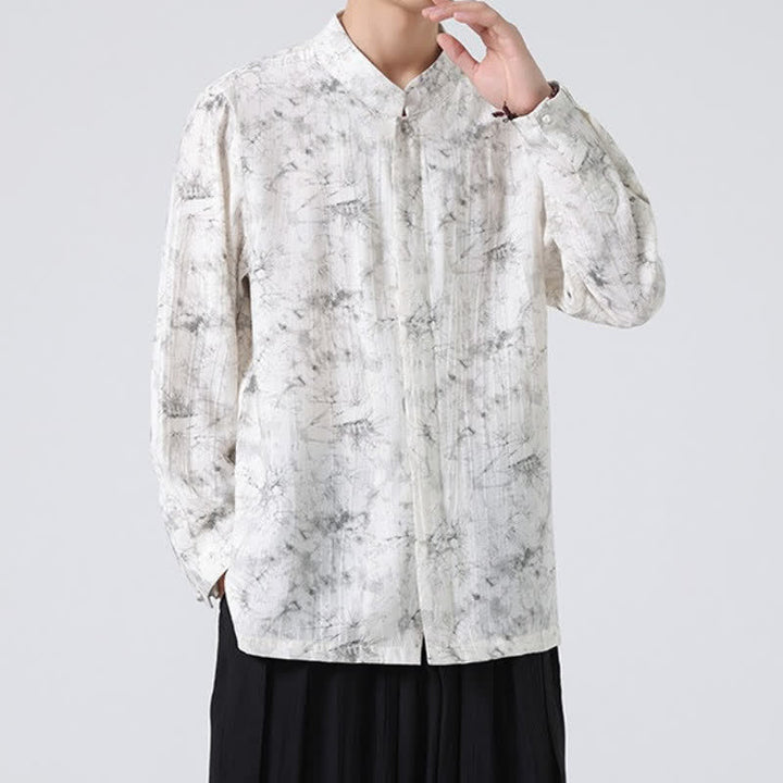 Buddha Stones Camisas de manga larga para hombre con cuello mandarín minimalista estilo Spring Tang y diseño abstracto. - image 3