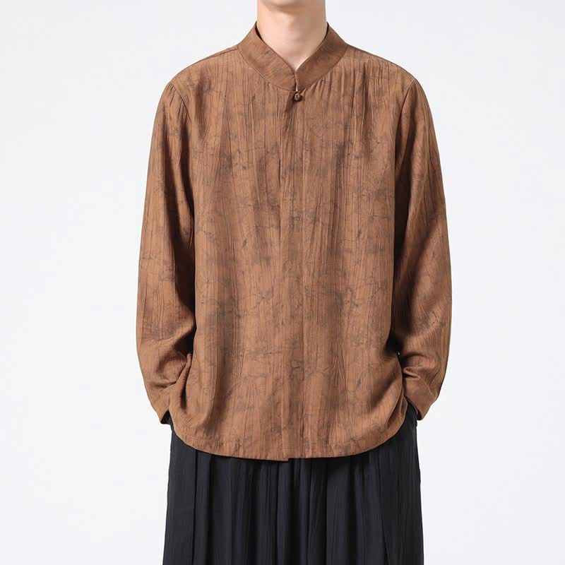 Buddha Stones Camisas de manga larga para hombre con cuello mandarín minimalista estilo Spring Tang y diseño abstracto. - Tierra de siena - US/UK/AU46, EU56 (5XL) - image 6