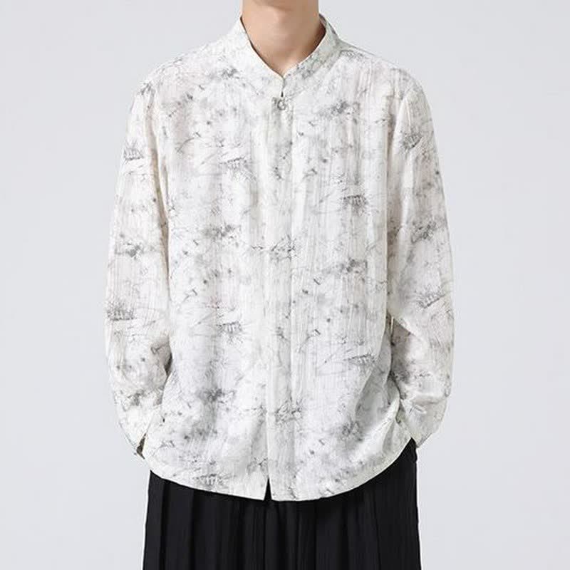 Buddha Stones Camisas de manga larga para hombre con cuello mandarín minimalista estilo Spring Tang y diseño abstracto. - image 2