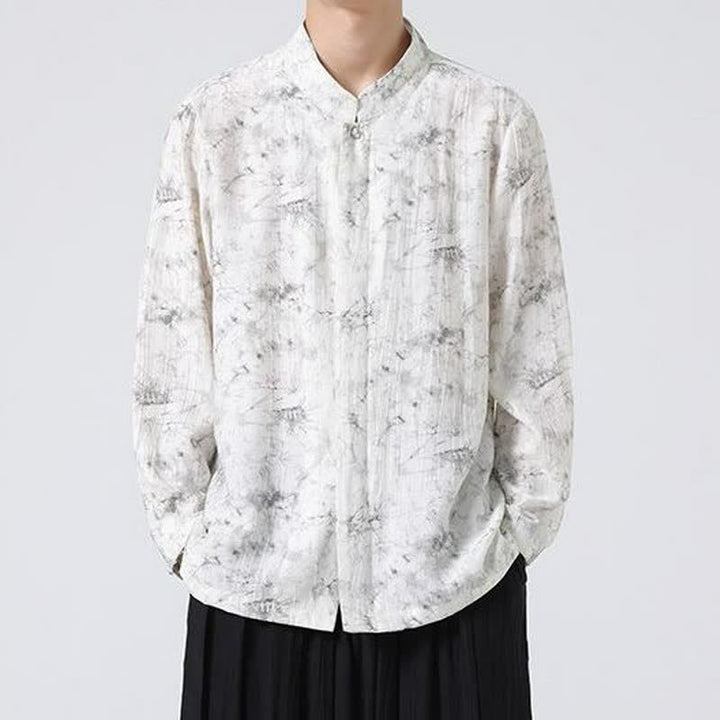 Buddha Stones Camisas de manga larga para hombre con cuello mandarín minimalista estilo Spring Tang y diseño abstracto. - image 2