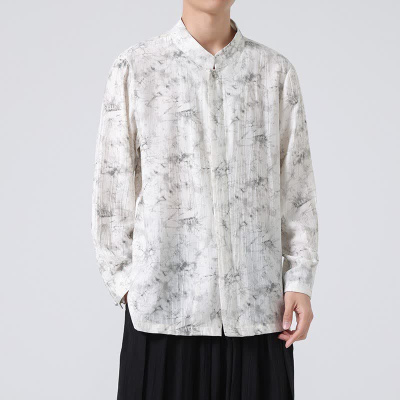 Buddha Stones Camisas de manga larga para hombre con cuello mandarín minimalista estilo Spring Tang y diseño abstracto. - Humo blanco - US/UK/AU46, EU56 (5XL) - image 0