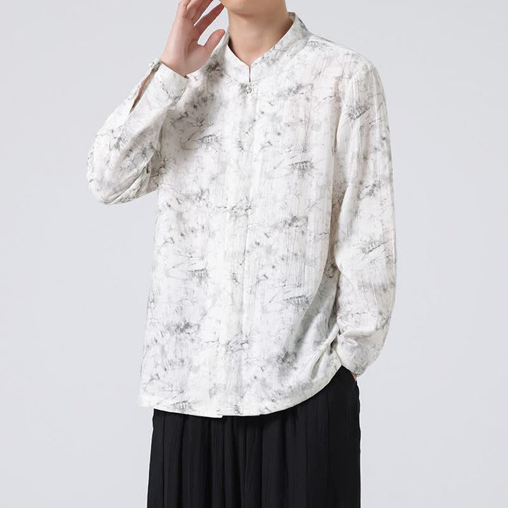Buddha Stones Camisas de manga larga para hombre con cuello mandarín minimalista estilo Spring Tang y diseño abstracto. - image 5