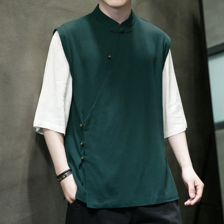 Buddha Stones Camiseta sin mangas de manga corta para hombre, estilo casual, con cuello mandarín y botones de rana, ideal para el verano. - image 1