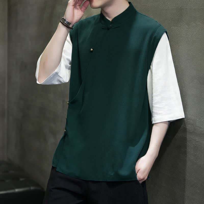 Buddha Stones Camiseta sin mangas de manga corta para hombre, estilo casual, con cuello mandarín y botones de rana, ideal para el verano. - image 3
