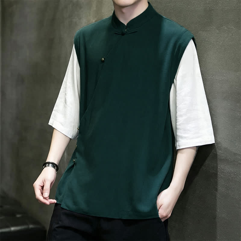 Buddha Stones Camiseta sin mangas de manga corta para hombre, estilo casual, con cuello mandarín y botones de rana, ideal para el verano. - image 2