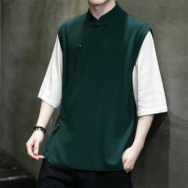 Buddha Stones Camiseta sin mangas de manga corta para hombre, estilo casual, con cuello mandarín y botones de rana, ideal para el verano. - image 2