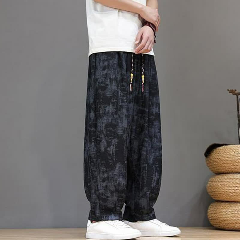 Buddha Stones Pantalones tobilleros casuales vintage de primavera/verano con cordón ajustable y estampado abstracto lavado para hombre, de pierna recta y con bolsillo. - image 1