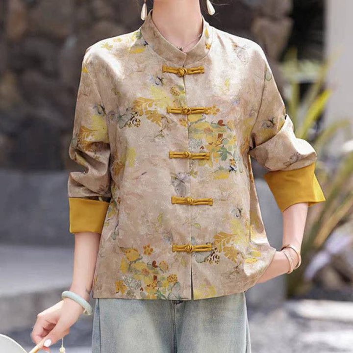 Buddha Stones Chaqueta de mujer estilo Tang vintage con botones de rana y estampado floral dorado para otoño - vara de oro - US8-10，UK/AU12-14，EU40-42 (2XL) - image 0