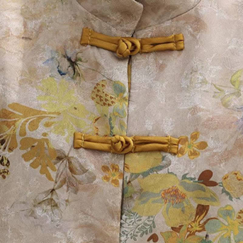 Buddha Stones Chaqueta de mujer estilo Tang vintage con botones de rana y estampado floral dorado para otoño - image 7