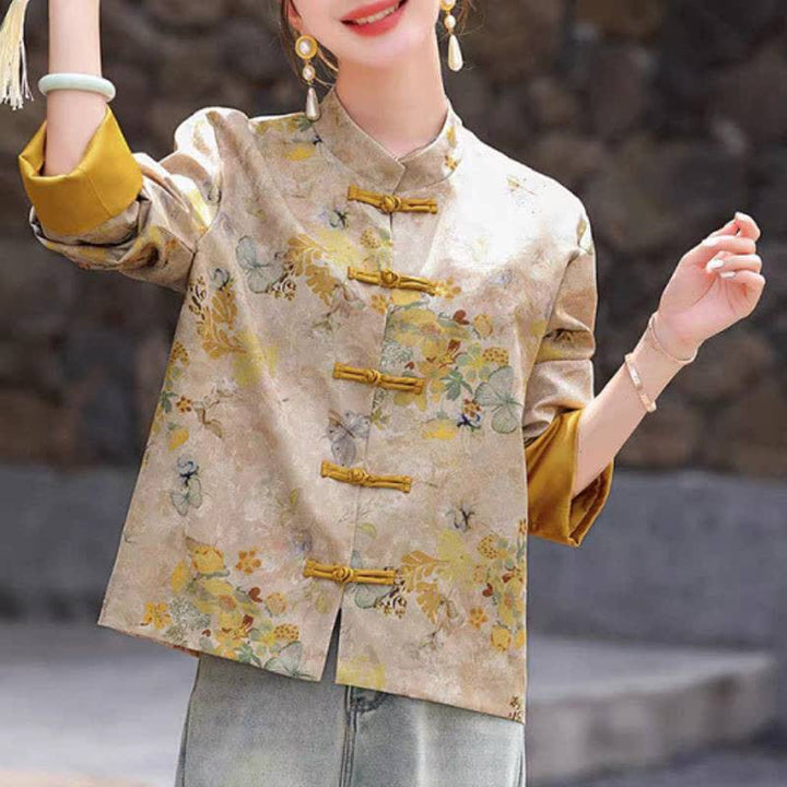 Buddha Stones Chaqueta de mujer estilo Tang vintage con botones de rana y estampado floral dorado para otoño - image 1