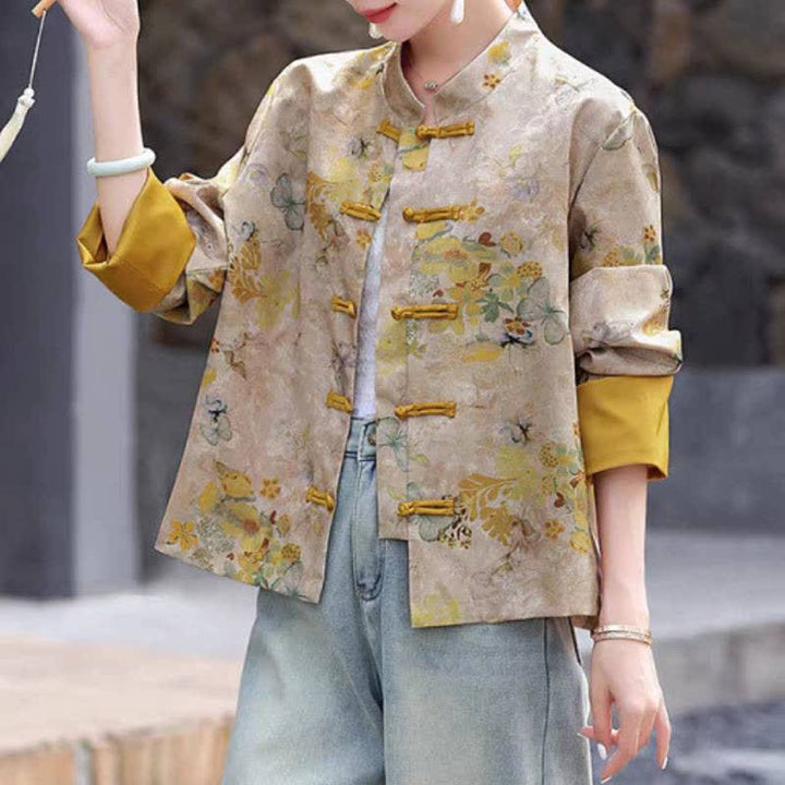 Buddha Stones Chaqueta de mujer estilo Tang vintage con botones de rana y estampado floral dorado para otoño - image 2