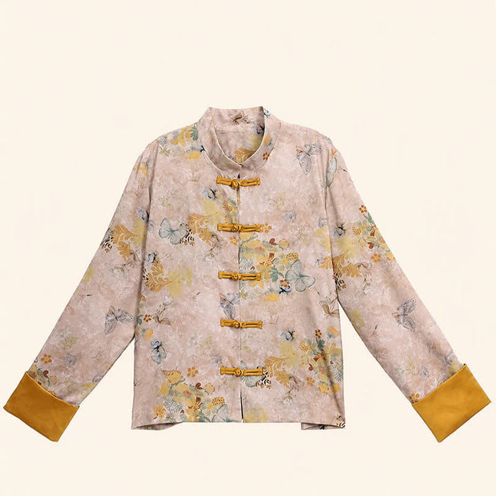 Buddha Stones Chaqueta de mujer estilo Tang vintage con botones de rana y estampado floral dorado para otoño - image 5