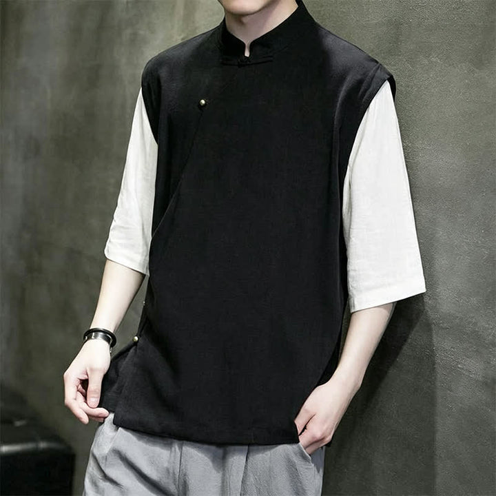Buddha Stones Camiseta sin mangas de manga corta para hombre, estilo casual, con cuello mandarín y botones de rana, ideal para el verano. - image 8