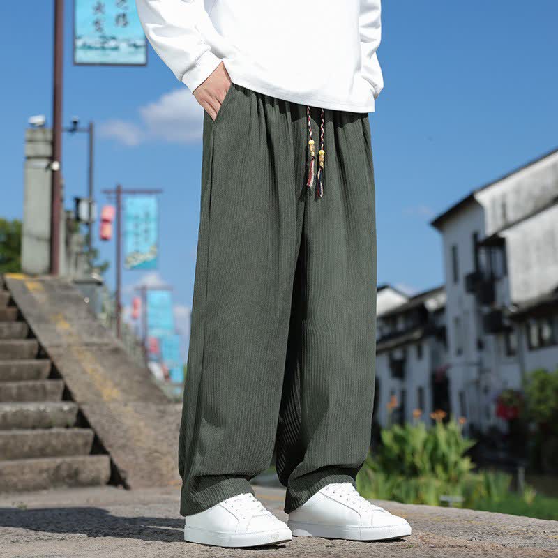 Buddha Stones Pantalones tobilleros de pana lisos con cordón ajustable, estilo casual vintage, para hombre, ideales para otoño e invierno. - image 1