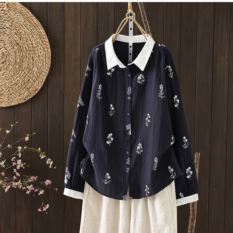 Buddha Stones Camisas de manga larga para mujer, estilo casual vintage, con botones y estampado floral, ideales para primavera y otoño. - Marina de guerra - US12, UK/AU16, EU44 (3XL) - image 0