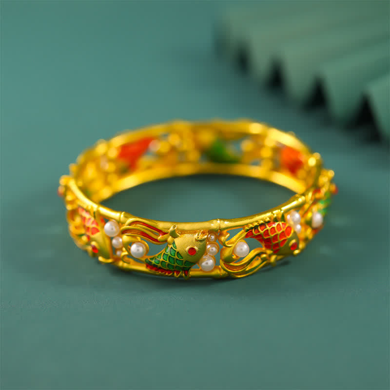 Buddha Stones Brazalete chino vintage con diseño de pez koi chapado en oro y símbolo del éxito. - image 4