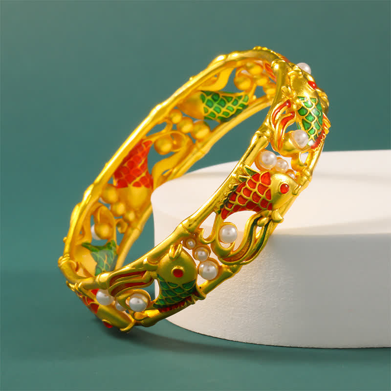 Buddha Stones Brazalete chino vintage con diseño de pez koi chapado en oro y símbolo del éxito. - image 2