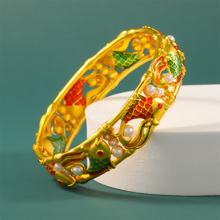 Buddha Stones Brazalete chino vintage con diseño de pez koi chapado en oro y símbolo del éxito. - image 2