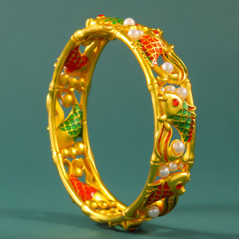 Buddha Stones Brazalete chino vintage con diseño de pez koi chapado en oro y símbolo del éxito. - image 1