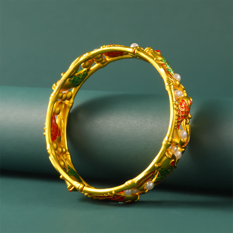 Buddha Stones Brazalete chino vintage con diseño de pez koi chapado en oro y símbolo del éxito. - image 3