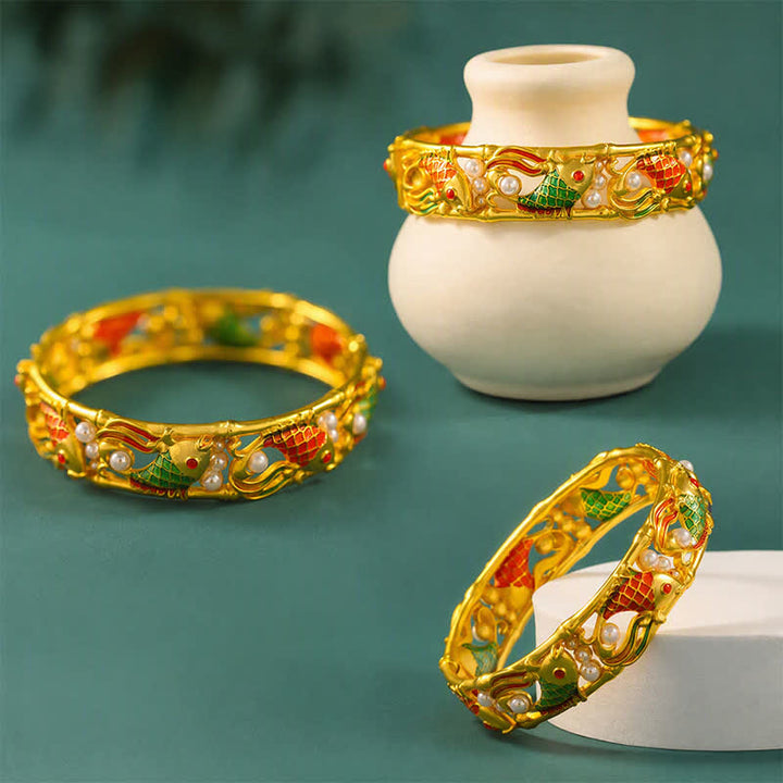 Buddha Stones Brazalete chino vintage con diseño de pez koi chapado en oro y símbolo del éxito. - image 9