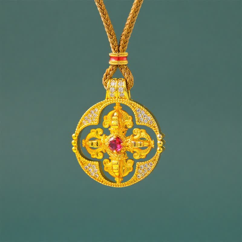Buddha Stones Collar con colgante redondo de poder espiritual Vajra de latón chapado en oro - Vajra de cuentas rojas y cuerda dorada - image 0