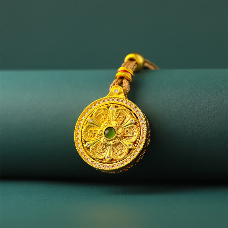 Buddha Stones Collar giratorio redondo de latón chapado en oro con el símbolo Om Mani Padme Hum de la sabiduría. - image 3