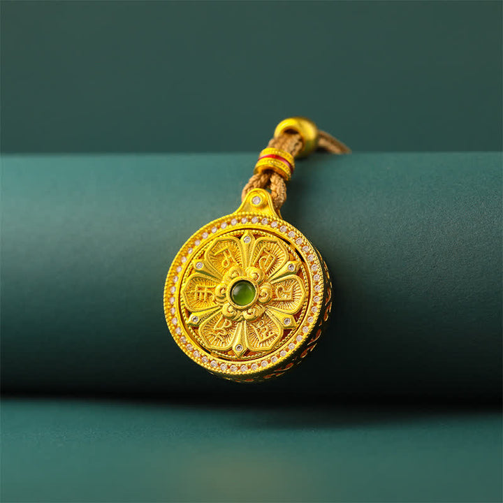 Buddha Stones Collar giratorio redondo de latón chapado en oro con el símbolo Om Mani Padme Hum de la sabiduría. - image 3