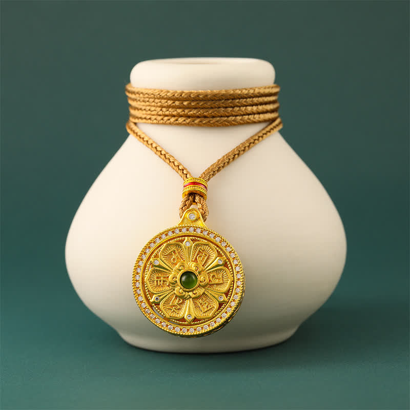 Buddha Stones Collar giratorio redondo de latón chapado en oro con el símbolo Om Mani Padme Hum de la sabiduría. - image 2