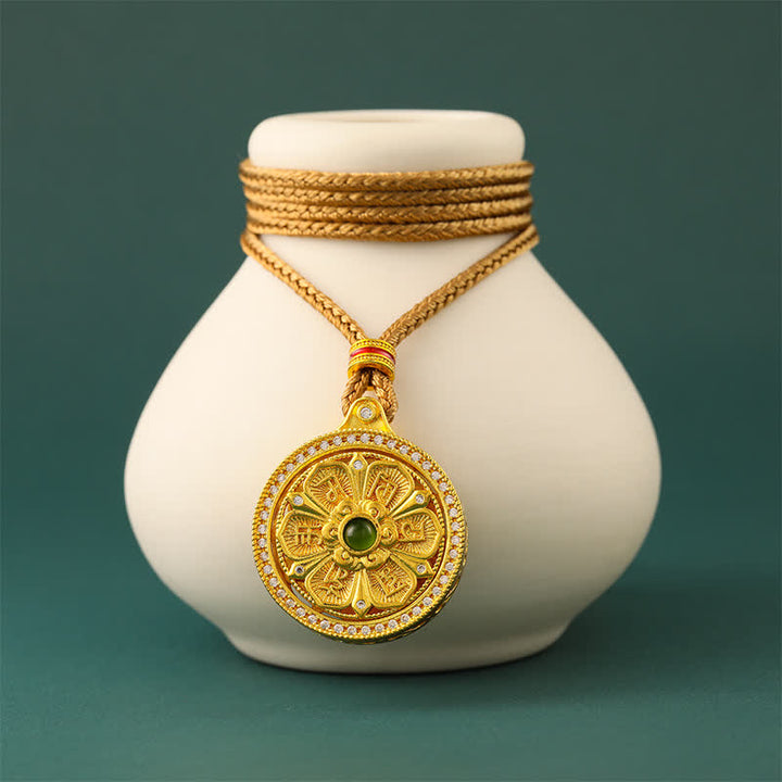 Buddha Stones Collar giratorio redondo de latón chapado en oro con el símbolo Om Mani Padme Hum de la sabiduría. - image 2