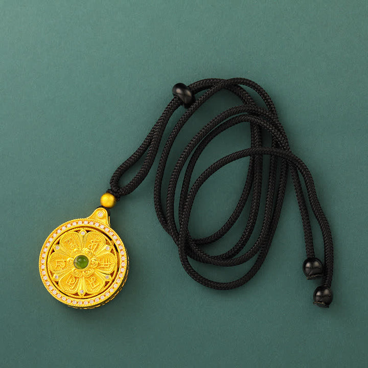 Buddha Stones Collar giratorio redondo de latón chapado en oro con el símbolo Om Mani Padme Hum de la sabiduría. - Cuerda negra - image 10