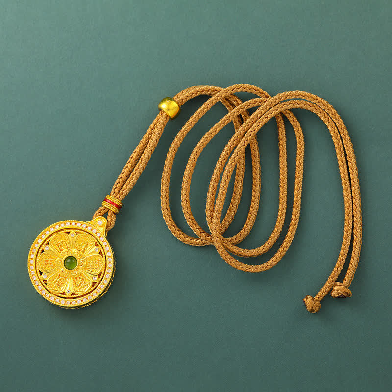 Buddha Stones Collar giratorio redondo de latón chapado en oro con el símbolo Om Mani Padme Hum de la sabiduría. - image 1