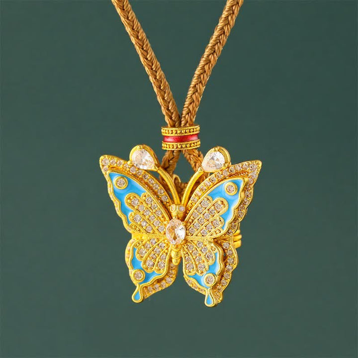 Buddha Stones Collar con colgante de transformación de mariposa en latón chapado en oro - Cordón trenzado marrón - image 0