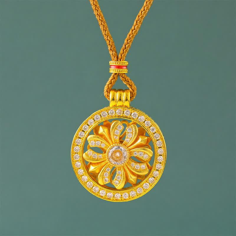 Buddha Stones Collar con colgante redondo giratorio de flor de iris de latón chapado en oro - Cordón trenzado marrón - image 0