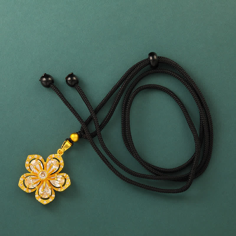Buddha Stones Collar con colgante de conexión armónica de flor de ciruelo chapado en oro - Cuerda negra con cuentas - image 7