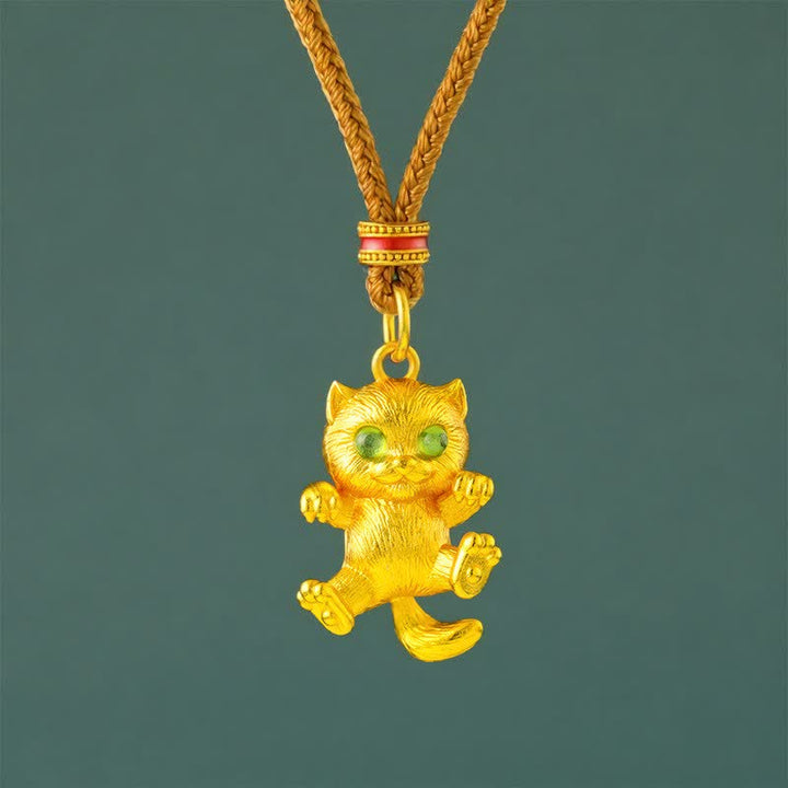 Buddha Stones Collar con colgante de conexión a tierra de gato de la suerte chapado en oro de latón - Cuerda dorada - image 0