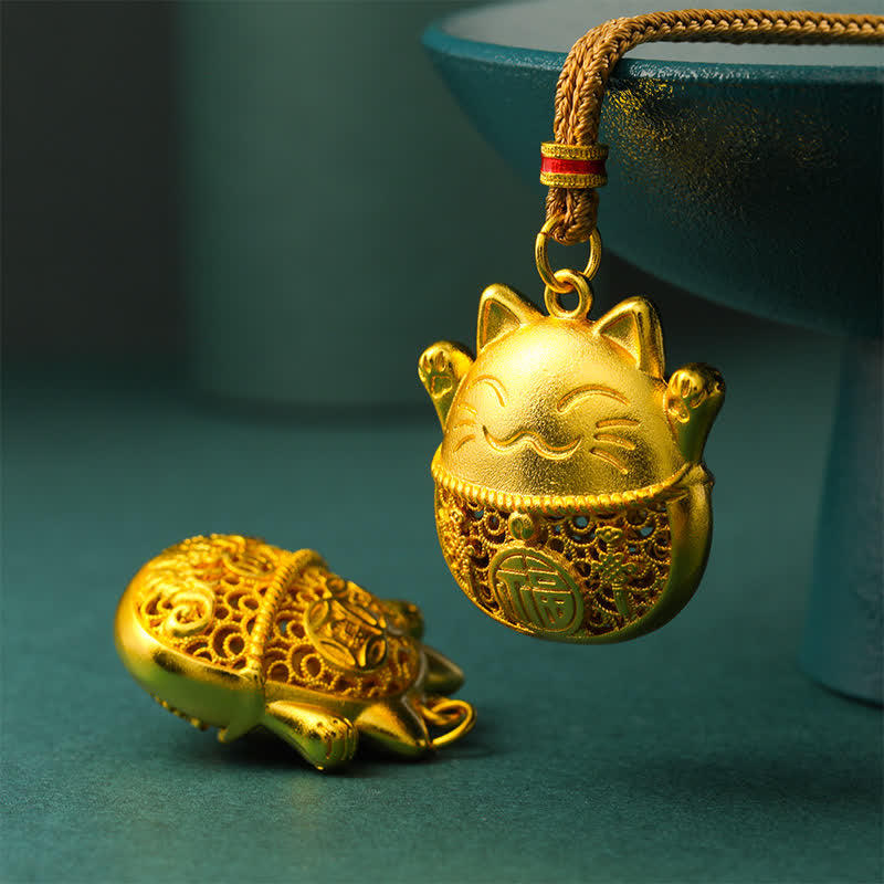 Buddha Stones Collar de cuerda trenzada con diseño de gato de la suerte y personaje Fu, chapado en oro y de latón. - image 4