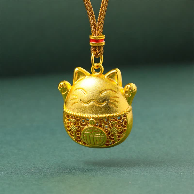 Buddha Stones Collar de cuerda trenzada con diseño de gato de la suerte y personaje Fu, chapado en oro y de latón. - Cuerda dorada - image 0