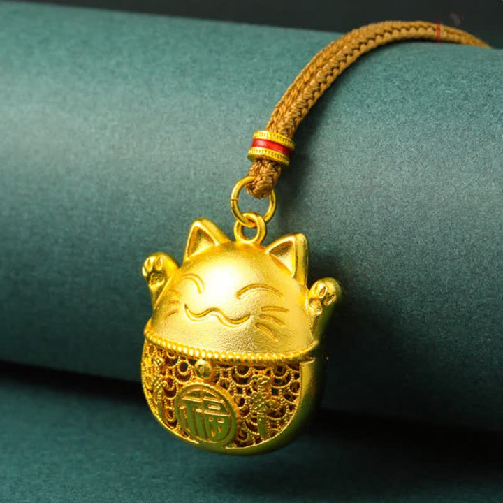 Buddha Stones Collar de cuerda trenzada con diseño de gato de la suerte y personaje Fu, chapado en oro y de latón. - image 1