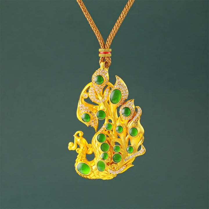 Buddha Stones Collar de latón chapado en oro con diseño de pavo real y símbolo de autoconfianza. - Cuerda dorada - image 0